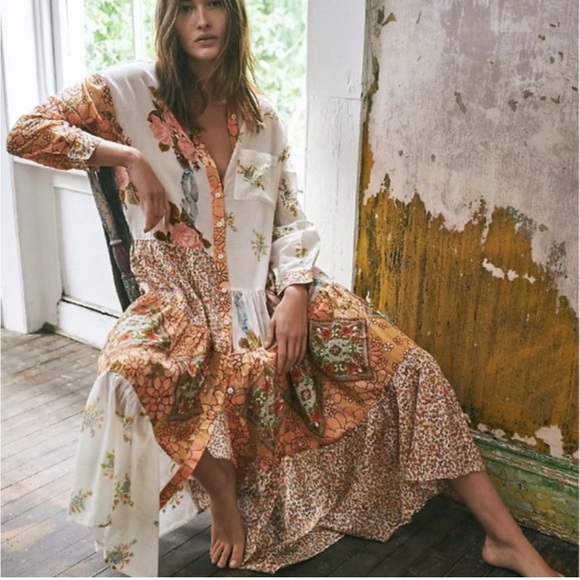 Free People Dresses & Skirts - FREE PEOPLE Days Of Ditzies Orange Cream Patchwork Print Maxi Mini Combo Dress S